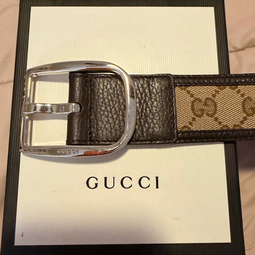 Gucci Brown and Tan Leather Monogram Belt